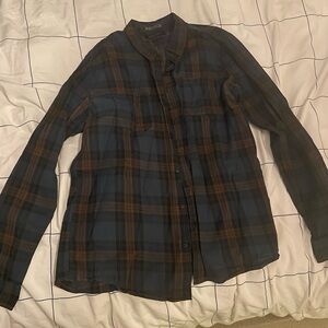 Ezekiel Blue and Brown Plaid button up long sleeve shirt
